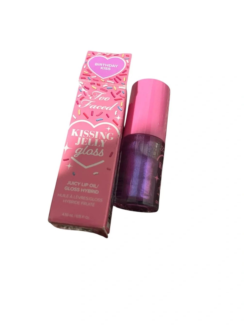 Too faced Glittery Purple Lip Oil with Pink Cap - Brand: